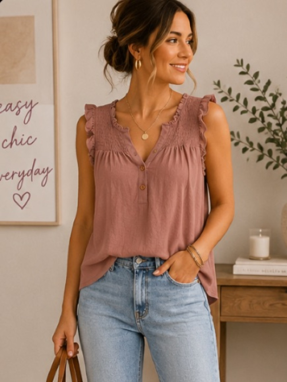 mine Mauve Sleeveless Ruffle Henley Blouse